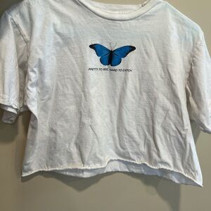 White Crop Tee With Blue Butterfly Design